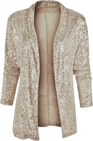 Women's Sequin Cardigan Sparkly Jacket Long Sleeve Open Front Glitter Party Sequin Blazer Jacket