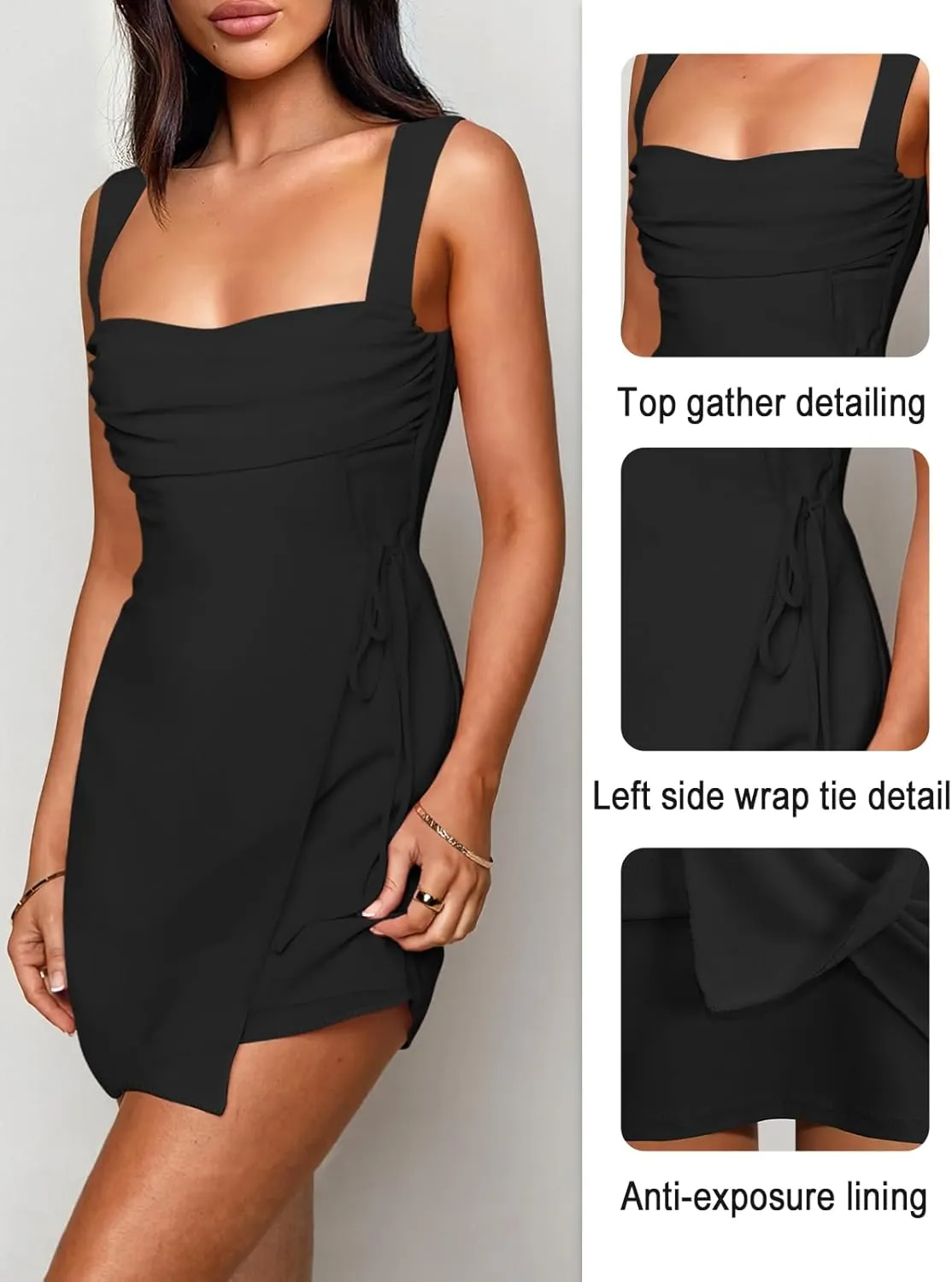 Women's Sexy Ruched Mesh Midi Short Dresses for Women Square Neck Fitted Elegant Club Party Cocktail Dress