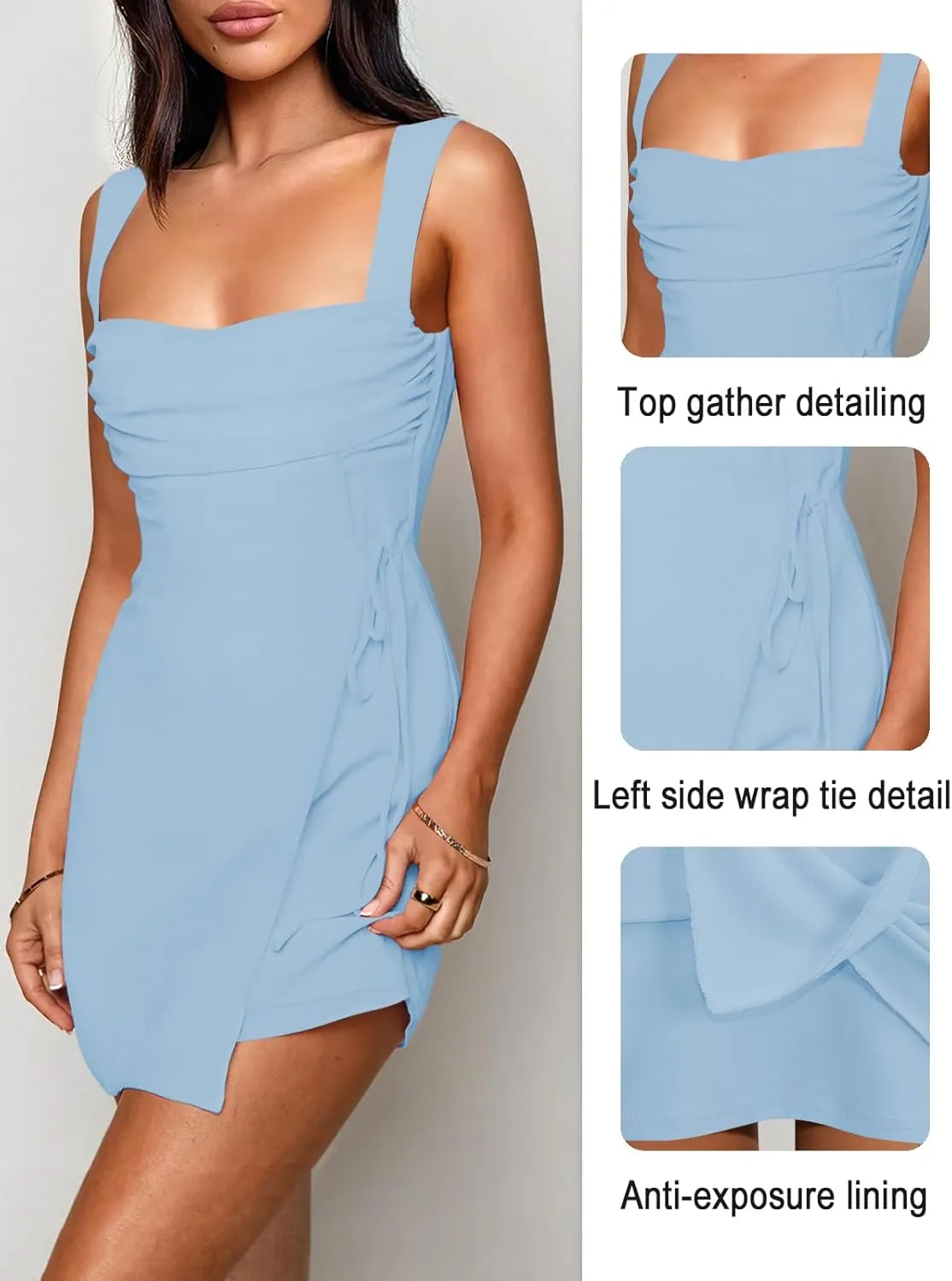 Women's Sexy Ruched Mesh Midi Short Dresses for Women Square Neck Fitted Elegant Club Party Cocktail Dress