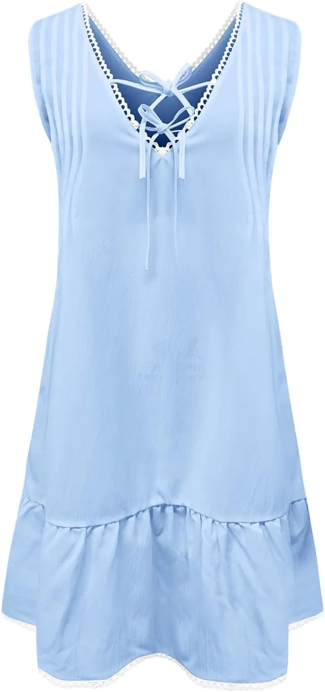 Women's Sexy Sleeveless Mini Dress Ruffle Deep Tie V Neck Chest Drawstring Bodycon Mini Club Dress for Beach Party