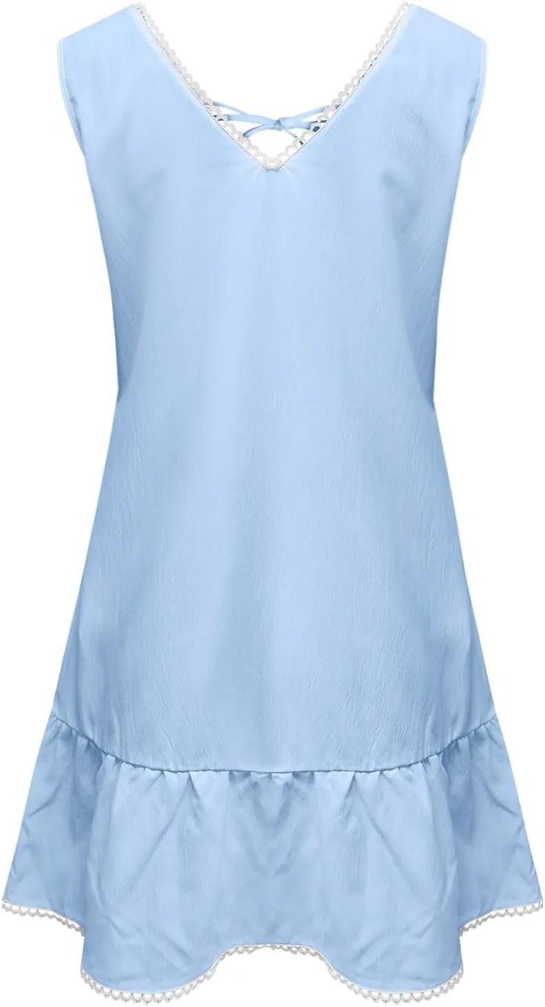 Women's Sexy Sleeveless Mini Dress Ruffle Deep Tie V Neck Chest Drawstring Bodycon Mini Club Dress for Beach Party
