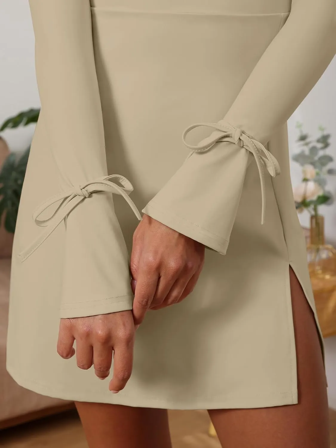 Women's Sexy Square Neck Bodice Dresses Long Sleeve Side Slit A-Line Mini Dress Cocktail Party Club Dress