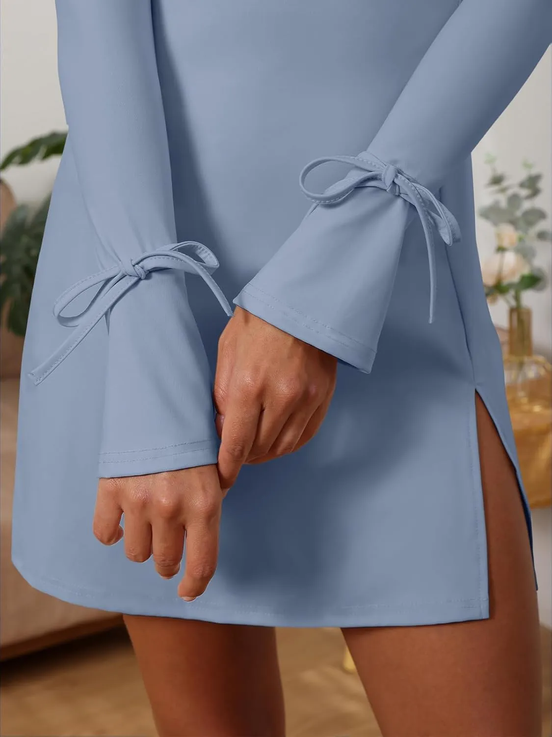 Women's Sexy Square Neck Bodice Dresses Long Sleeve Side Slit A-Line Mini Dress Cocktail Party Club Dress
