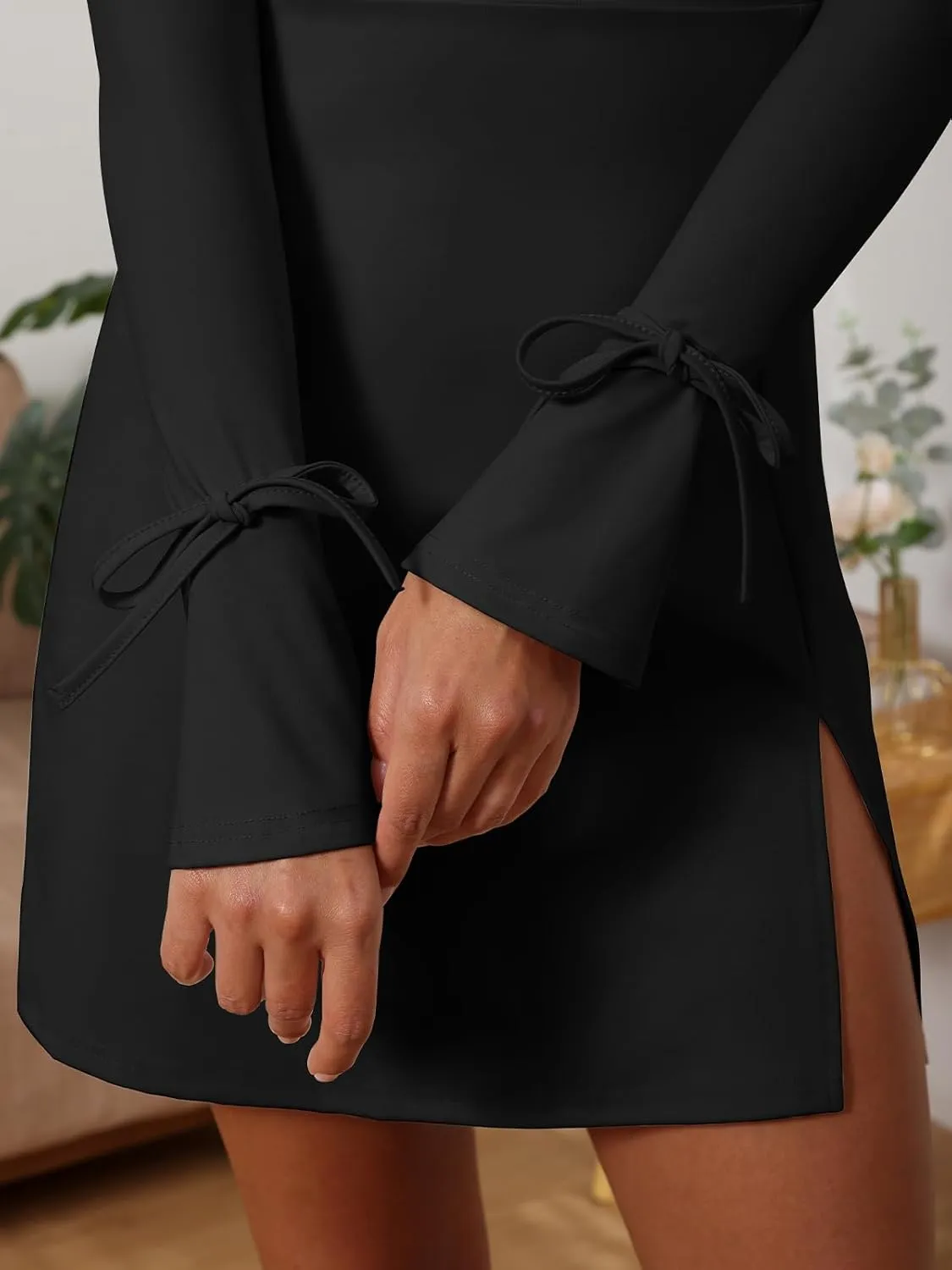 Women's Sexy Square Neck Bodice Dresses Long Sleeve Side Slit A-Line Mini Dress Cocktail Party Club Dress