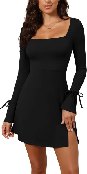 Women's Sexy Square Neck Bodice Dresses Long Sleeve Side Slit A-Line Mini Dress Cocktail Party Club Dress