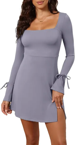 Women's Sexy Square Neck Bodice Dresses Long Sleeve Side Slit A-Line Mini Dress Cocktail Party Club Dress