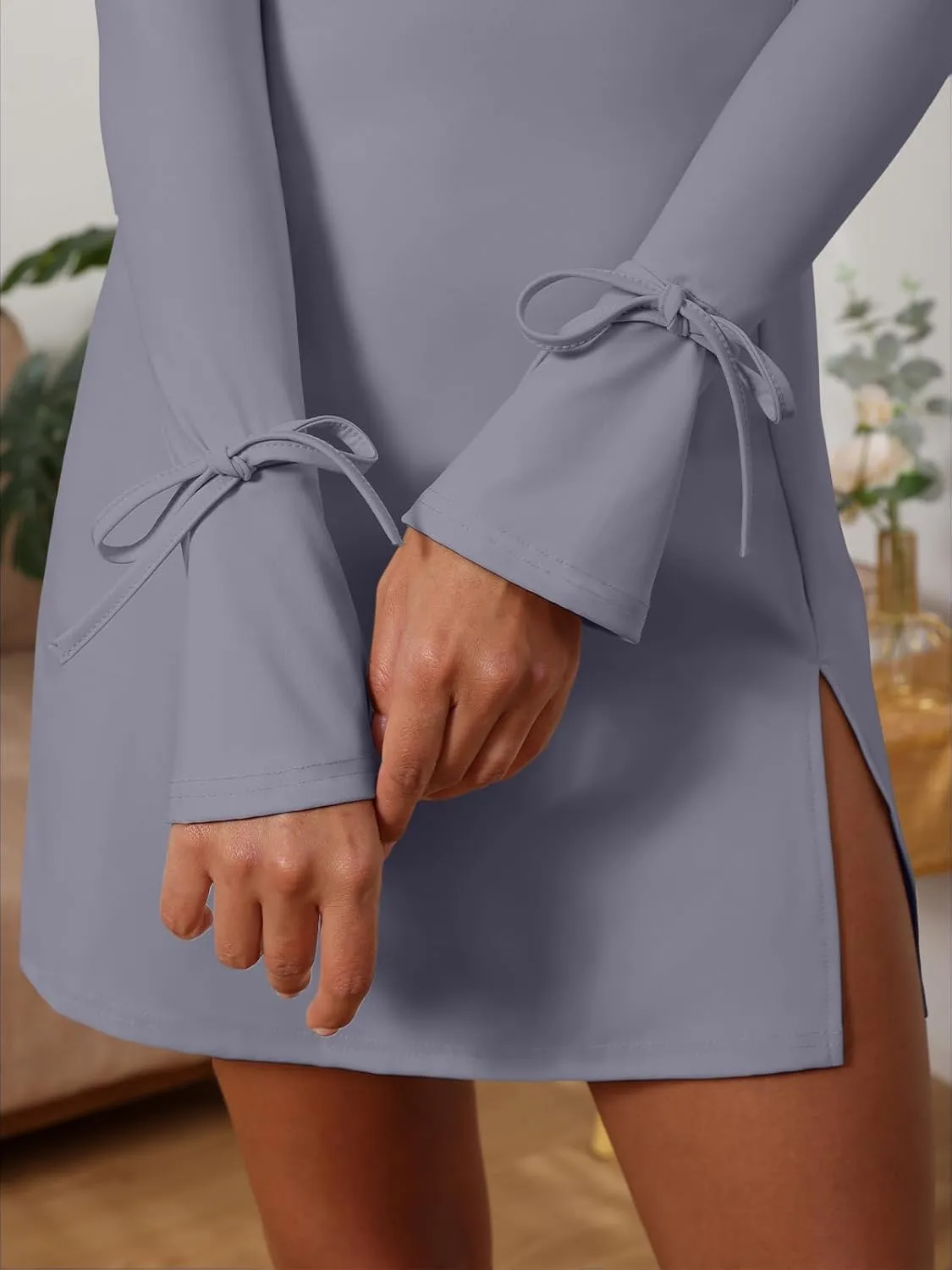 Women's Sexy Square Neck Bodice Dresses Long Sleeve Side Slit A-Line Mini Dress Cocktail Party Club Dress