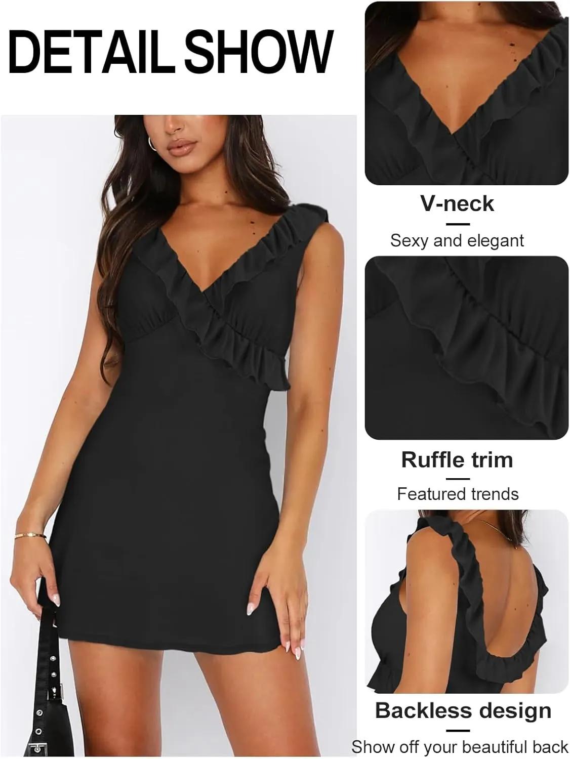 Women's Sexy V Neck Sleeveless Backless Ruffles Dress for Women Elegant Mesh Party Fitted Cocktail Mini Dresses