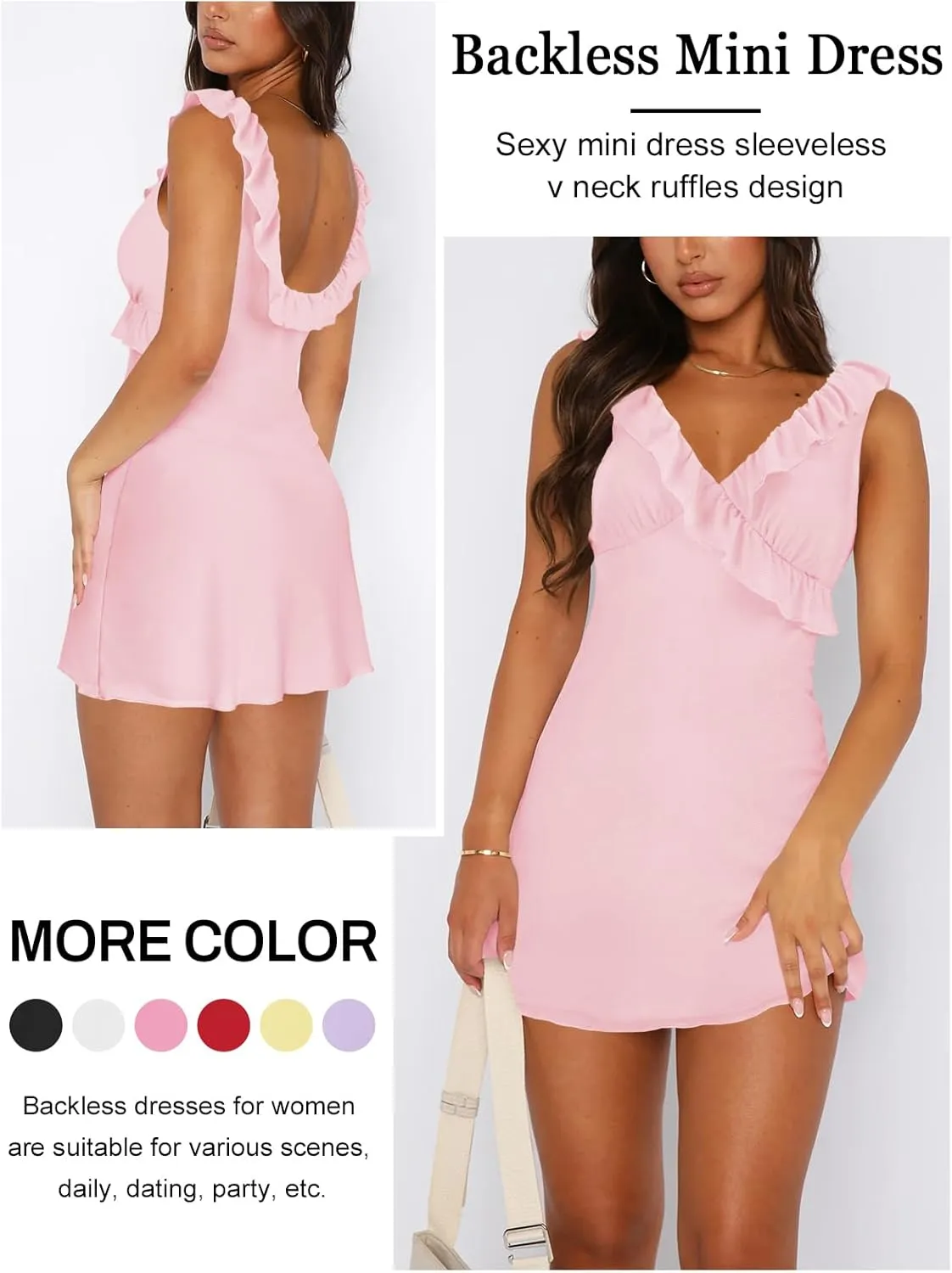 Women's Sexy V Neck Sleeveless Backless Ruffles Dress for Women Elegant Mesh Party Fitted Cocktail Mini Dresses