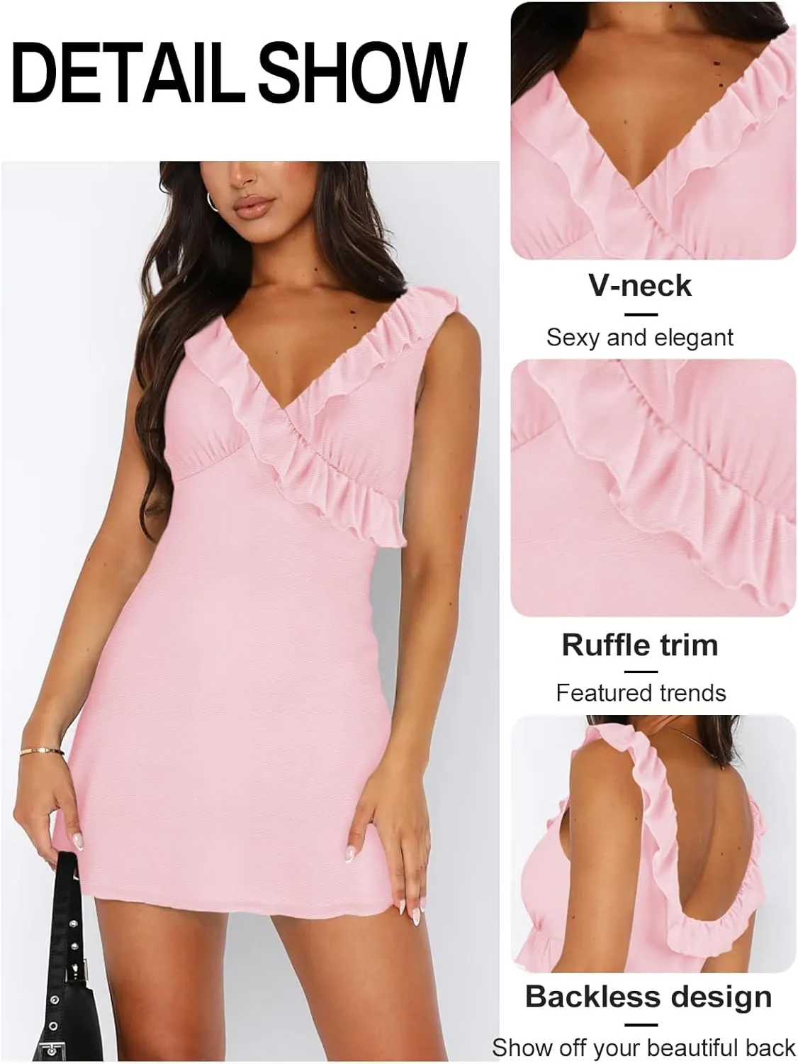 Women's Sexy V Neck Sleeveless Backless Ruffles Dress for Women Elegant Mesh Party Fitted Cocktail Mini Dresses