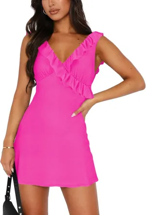 Women's Sexy V Neck Sleeveless Backless Ruffles Dress for Women Elegant Mesh Party Fitted Cocktail Mini Dresses