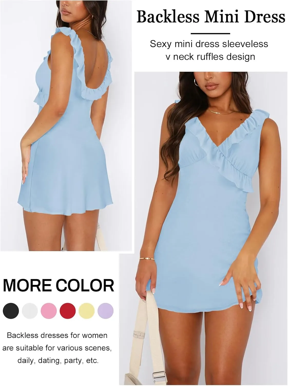 Women's Sexy V Neck Sleeveless Backless Ruffles Dress for Women Elegant Mesh Party Fitted Cocktail Mini Dresses
