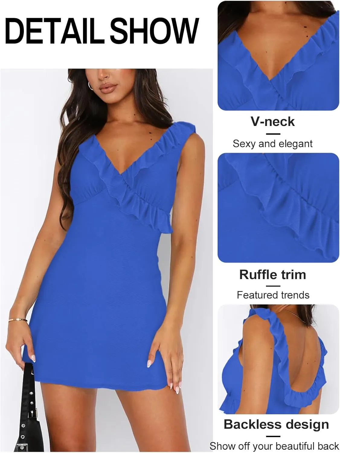 Women's Sexy V Neck Sleeveless Backless Ruffles Dress for Women Elegant Mesh Party Fitted Cocktail Mini Dresses