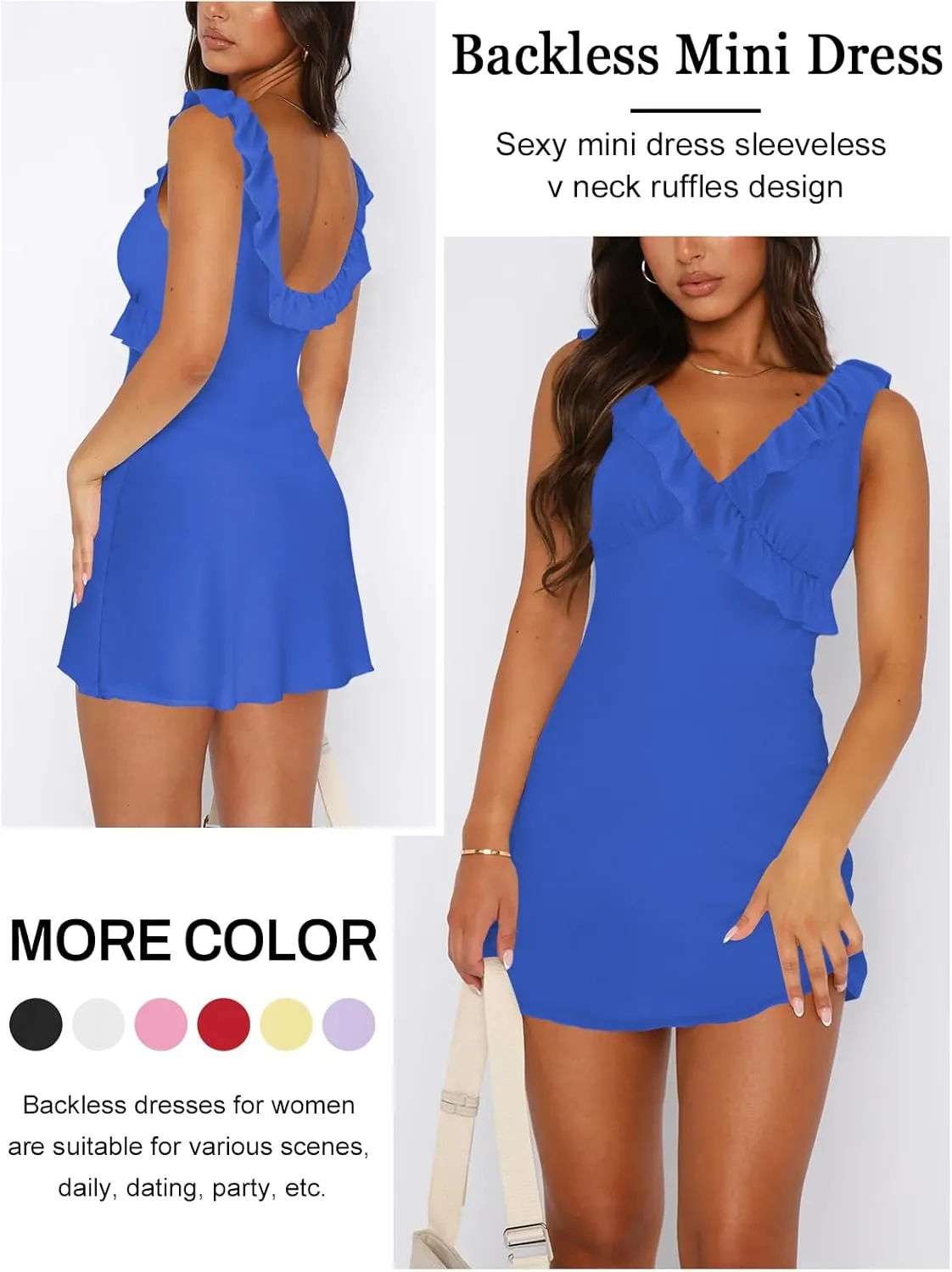 Women's Sexy V Neck Sleeveless Backless Ruffles Dress for Women Elegant Mesh Party Fitted Cocktail Mini Dresses
