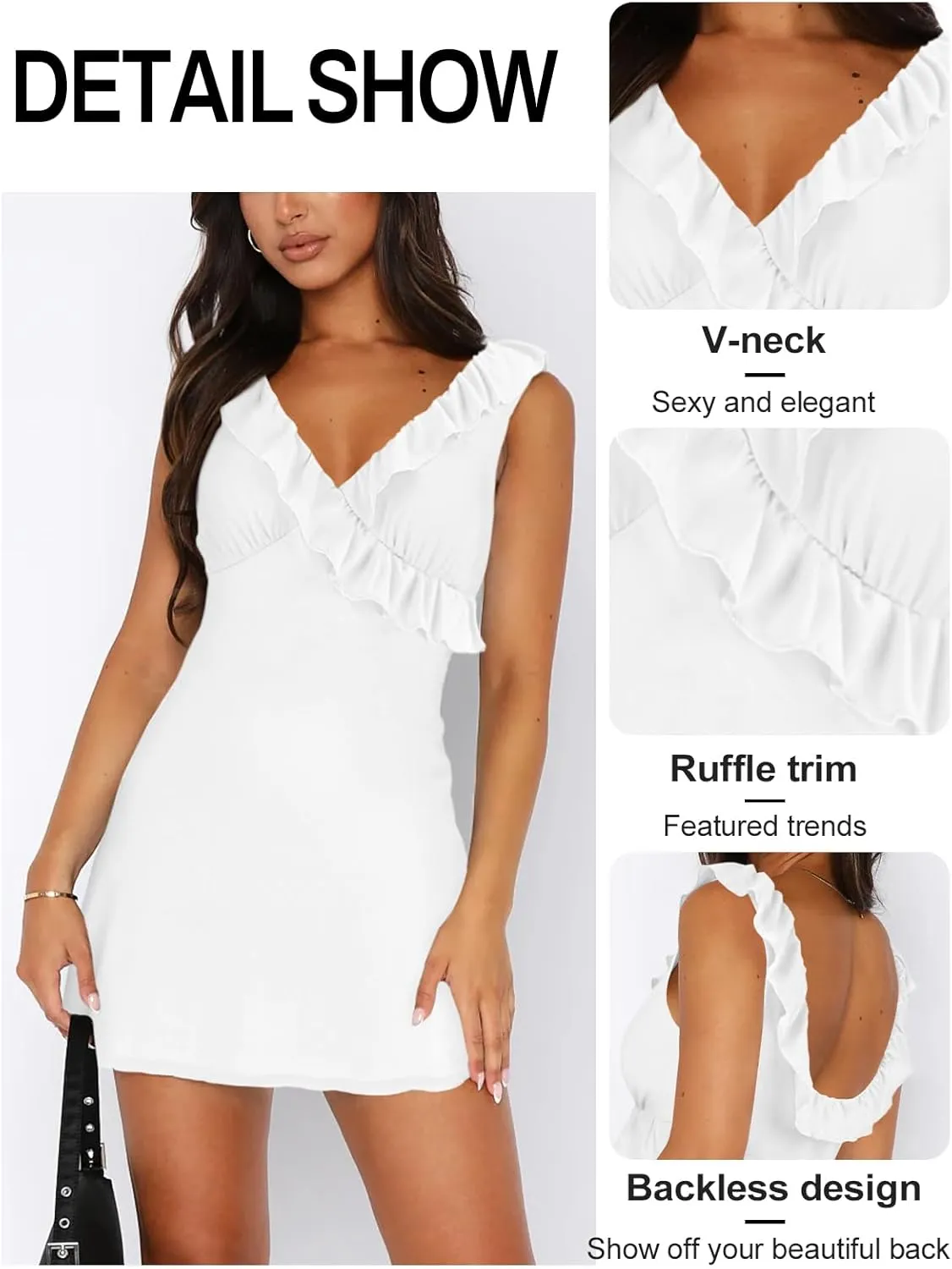 Women's Sexy V Neck Sleeveless Backless Ruffles Dress for Women Elegant Mesh Party Fitted Cocktail Mini Dresses