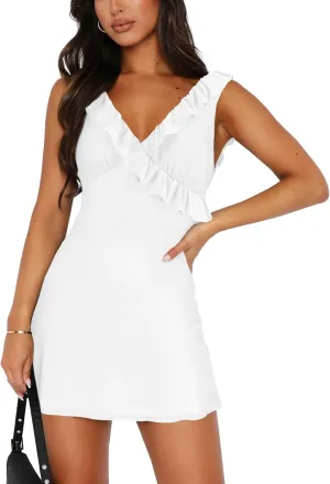 Women's Sexy V Neck Sleeveless Backless Ruffles Dress for Women Elegant Mesh Party Fitted Cocktail Mini Dresses