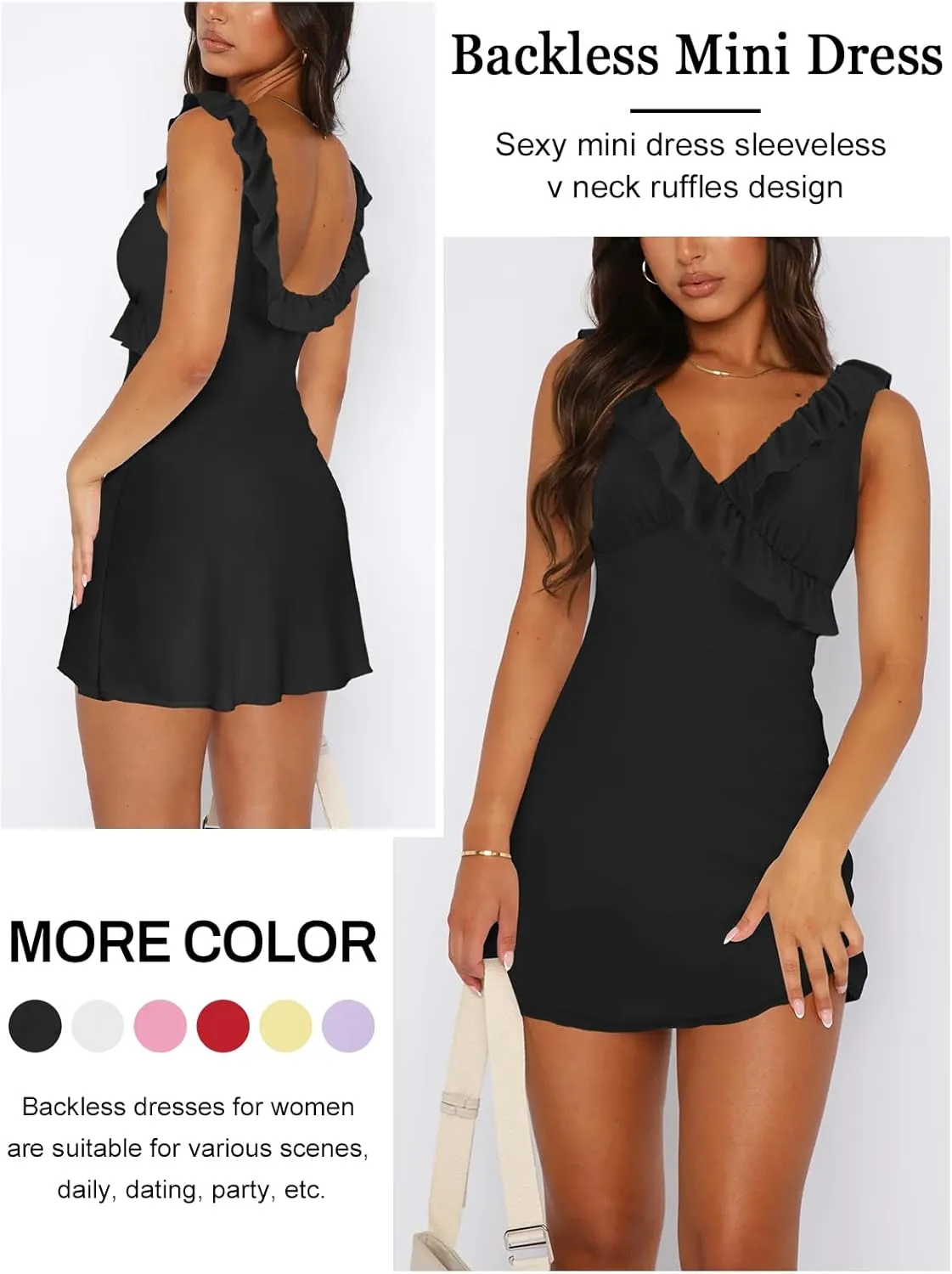 Women's Sexy V Neck Sleeveless Backless Ruffles Dress for Women Elegant Mesh Party Fitted Cocktail Mini Dresses
