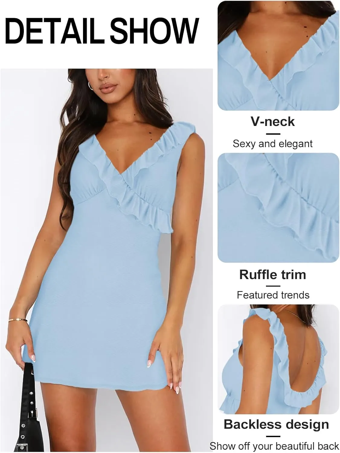 Women's Sexy V Neck Sleeveless Backless Ruffles Dress for Women Elegant Mesh Party Fitted Cocktail Mini Dresses