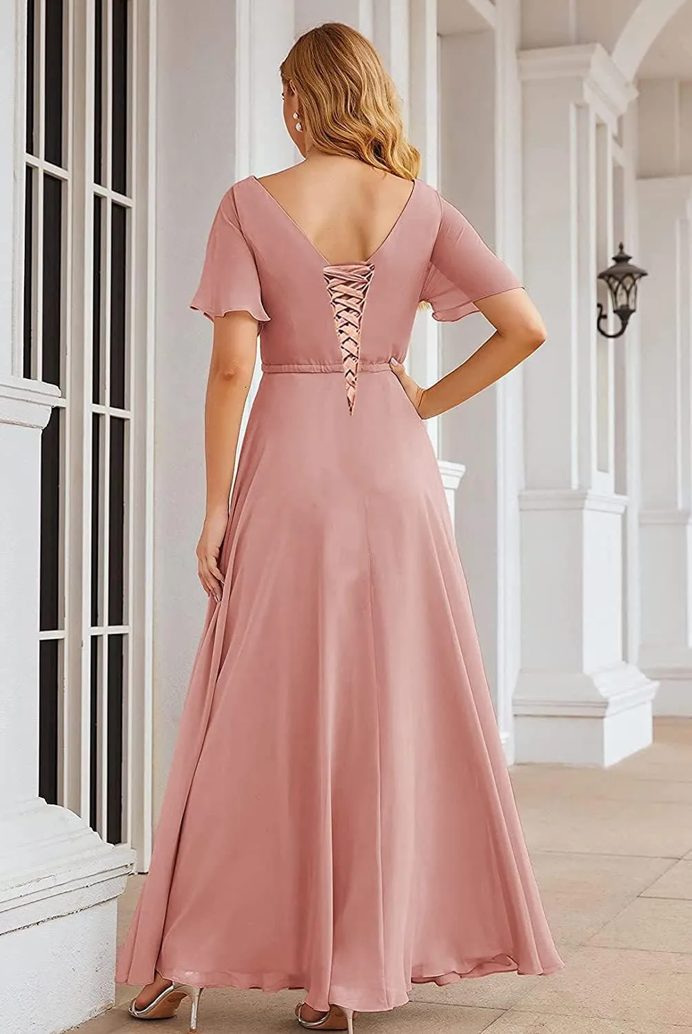 Women's Short Sleeve V-Neck Long Bridesmaid Dress Chiffon Formal Prom Evening Dress