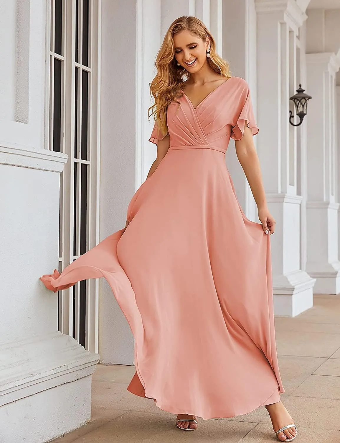 Women's Short Sleeve V-Neck Long Bridesmaid Dress Chiffon Formal Prom Evening Dress