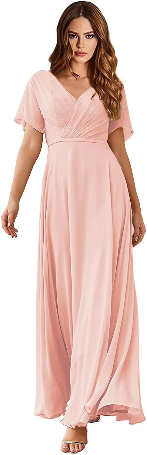 Women's Short Sleeve V-Neck Long Bridesmaid Dress Chiffon Formal Prom Evening Dress