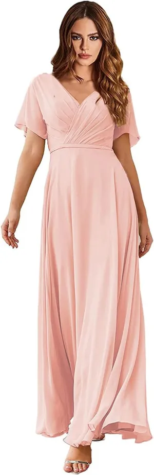 Women's Short Sleeve V-Neck Long Bridesmaid Dress Chiffon Formal Prom Evening Dress