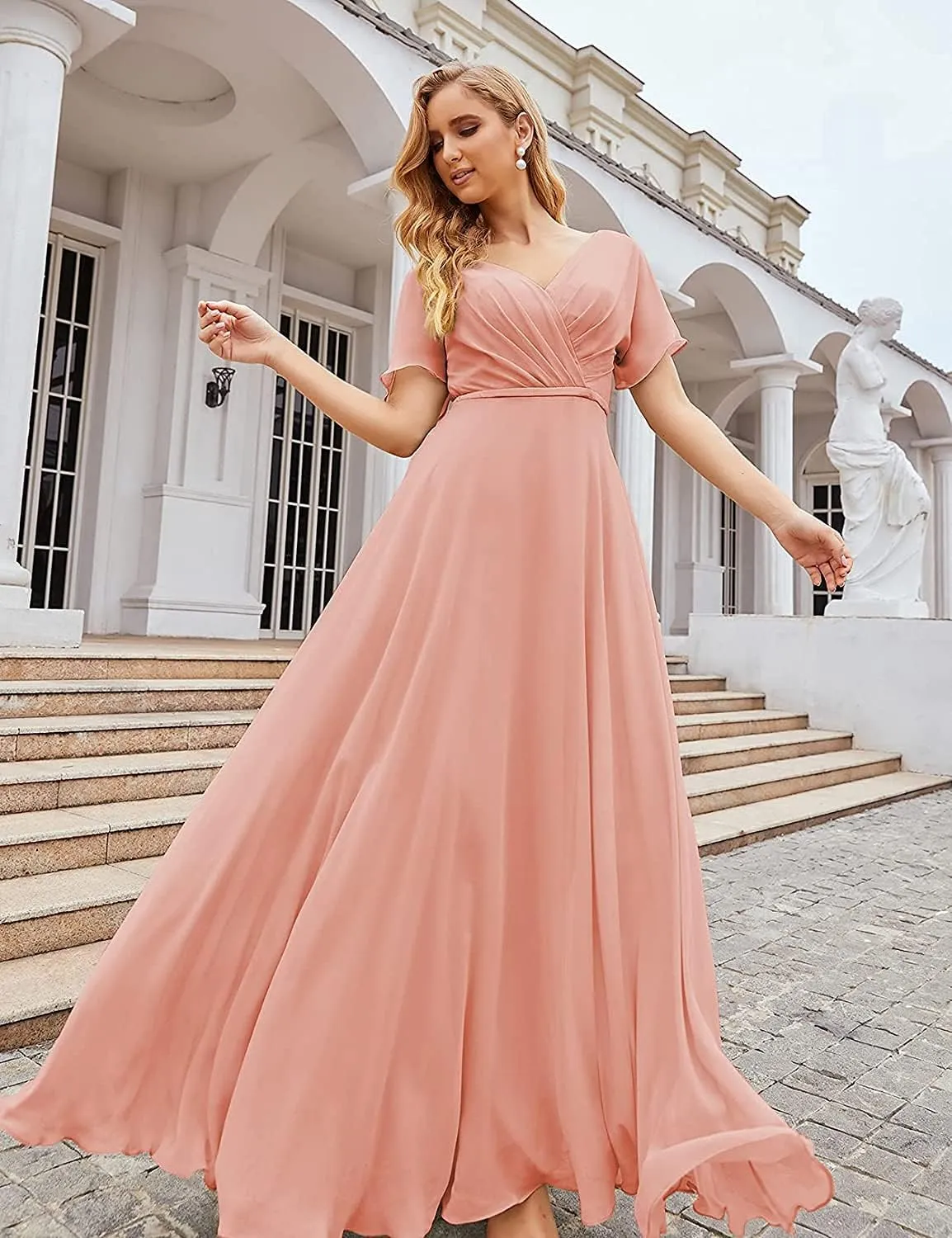 Women's Short Sleeve V-Neck Long Bridesmaid Dress Chiffon Formal Prom Evening Dress