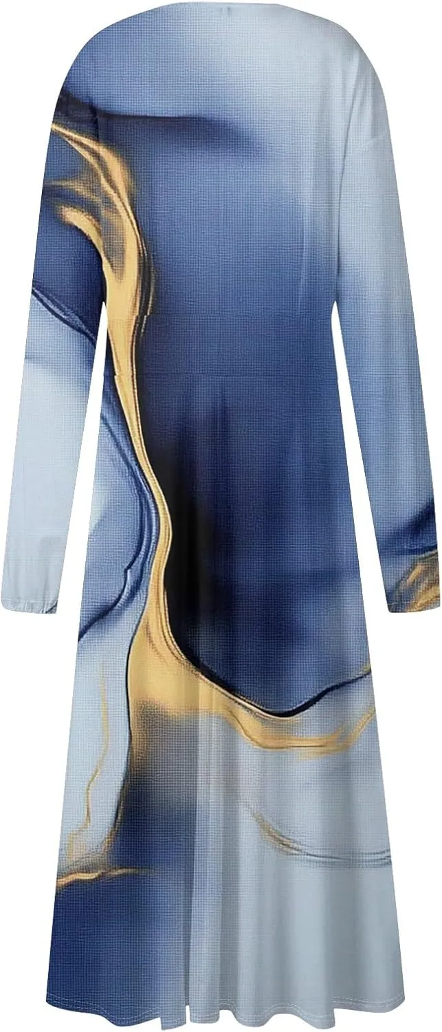 Women's Simple Gradient Long Sleeve Dress Pretty Casual V-Neck Summer Maxi Dresses