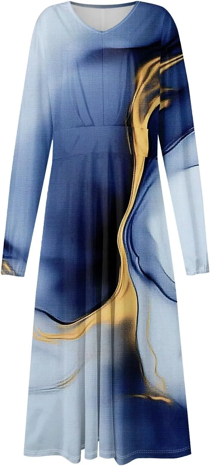 Women's Simple Gradient Long Sleeve Dress Pretty Casual V-Neck Summer Maxi Dresses