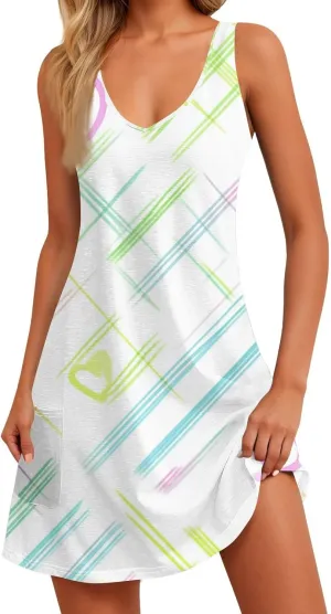 Women's Sleeveless Summer Dress Casual Plaid Pattern, Lightweight Fabric, V-Neck, Knee-Length, Perfect for Daily Wear