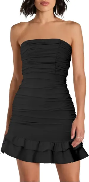 Women's Strapless Ruched Tube Mini Dress Tiered Layer Ruffle Bow Back Dresses Clubwear Party