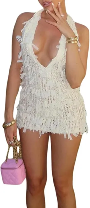 Womens Summer 2025 Sexy Bodycon Mini Dress Fringe Hatler Deep V Neck Backless Sundresses Beach Vacation Dresses