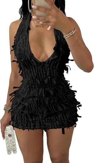 Womens Summer 2025 Sexy Bodycon Mini Dress Fringe Hatler Deep V Neck Backless Sundresses Beach Vacation Dresses