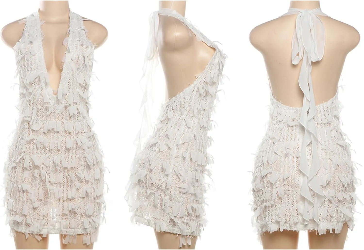 Womens Summer 2025 Sexy Bodycon Mini Dress Fringe Hatler Deep V Neck Backless Sundresses Beach Vacation Dresses