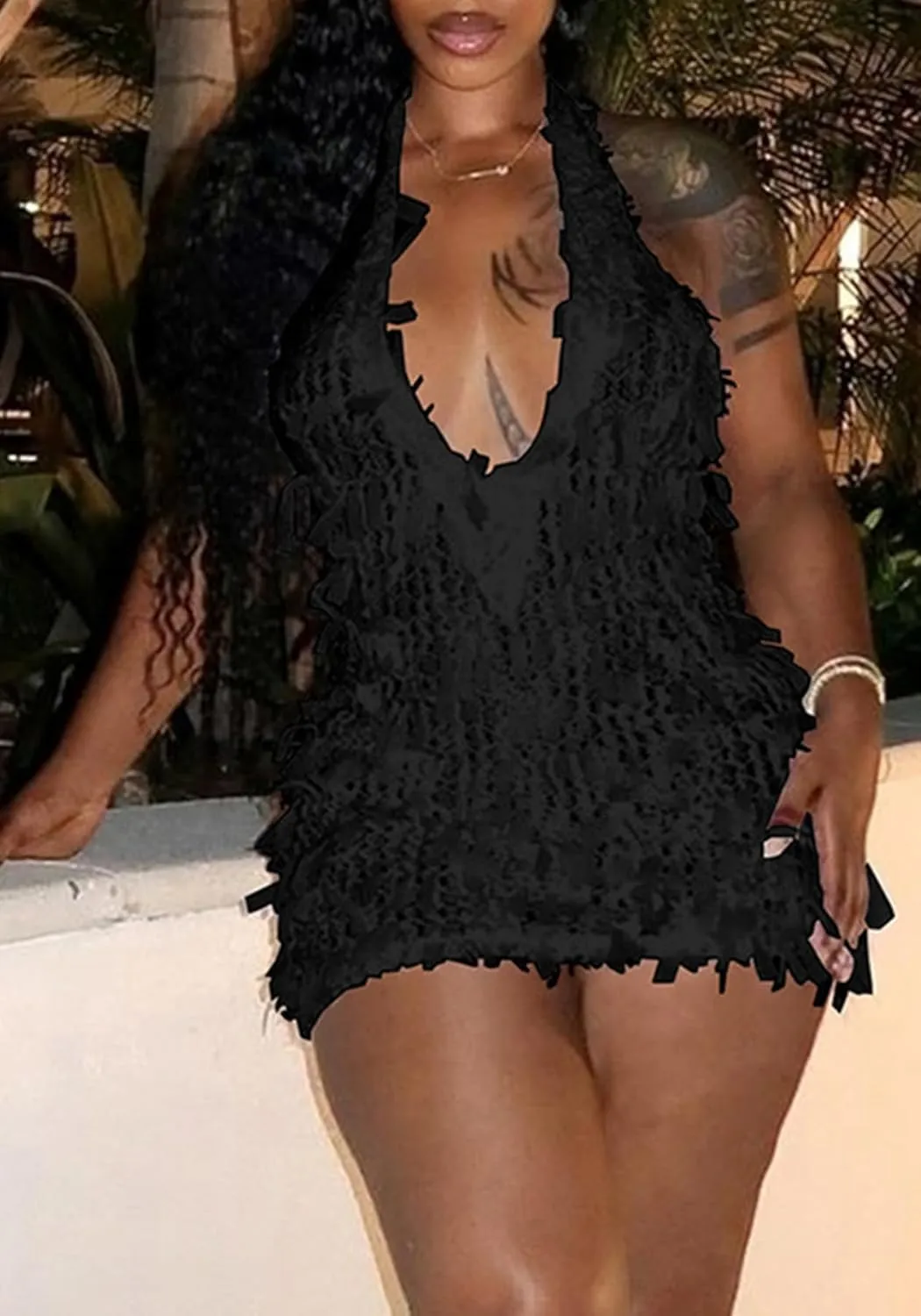 Womens Summer 2025 Sexy Bodycon Mini Dress Fringe Hatler Deep V Neck Backless Sundresses Beach Vacation Dresses