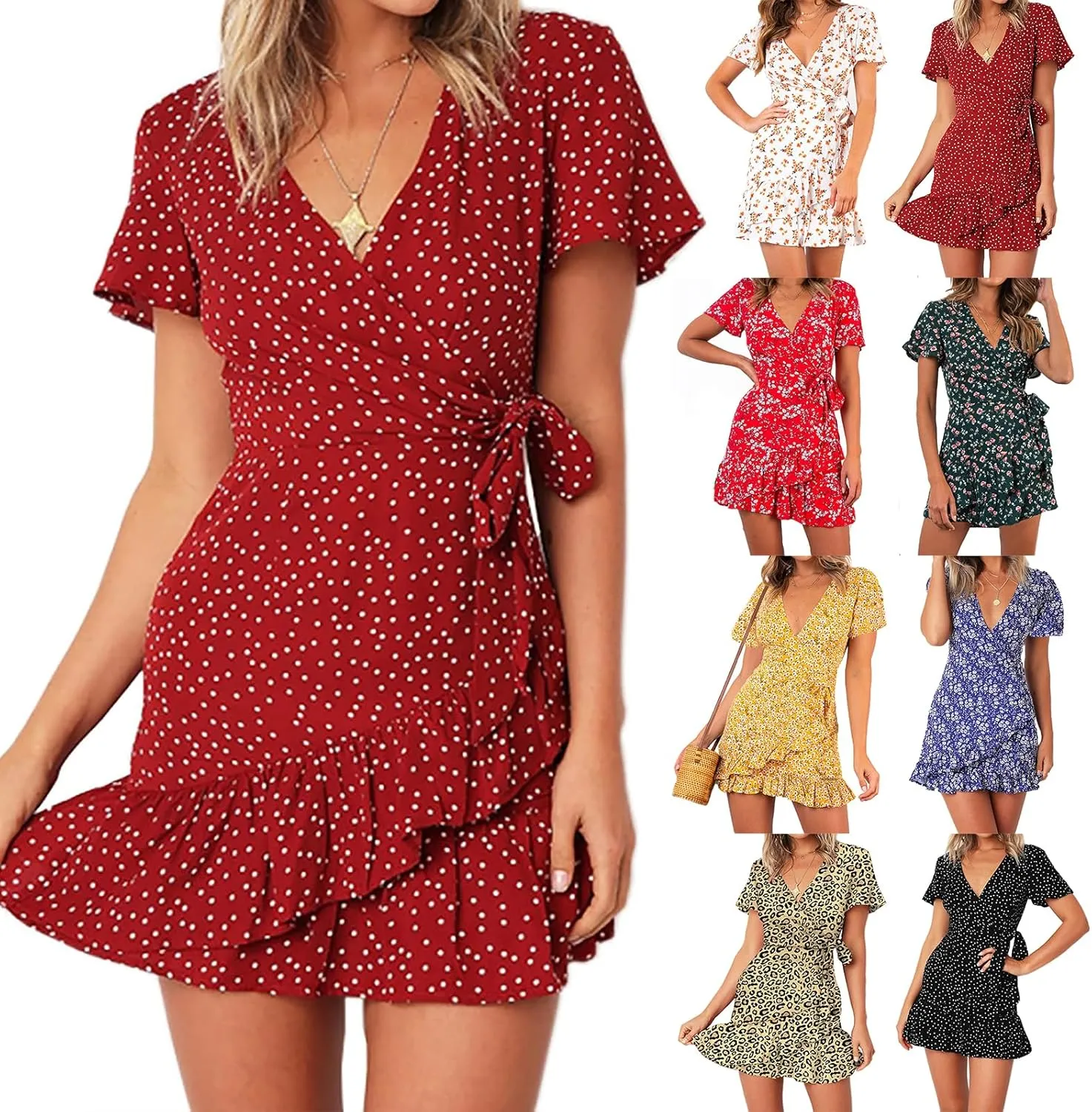 Womens Summer Casual Dresses Loose Boho Floral Printed Tank Mini Short Sleeve Dress Ruffle Tiered Party Beach Sun Dress