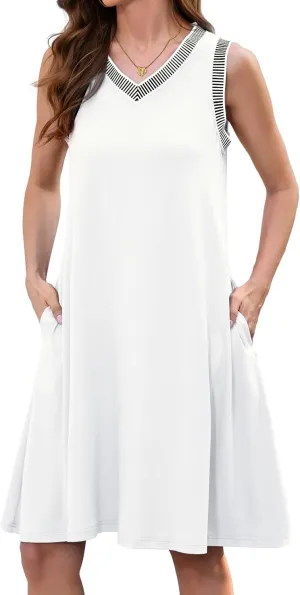 Women's Summer Casual Sundresses 2025 Beach Vacation Sleeveless Striped Trim V Neck Mini Dresses with Pockets