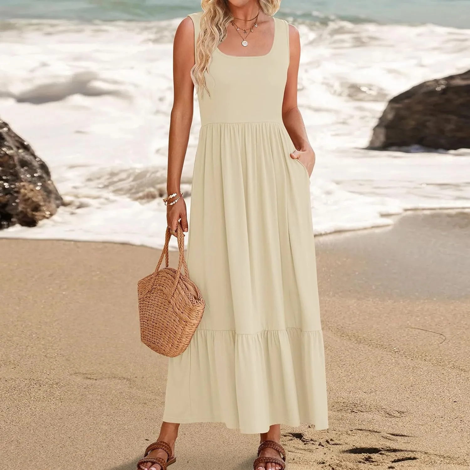 Women's Summer Dresses Sleeveless Casual Boho Maxi Long Dress Square Neck Smocked Floral Beach Vacation Sundresses 4