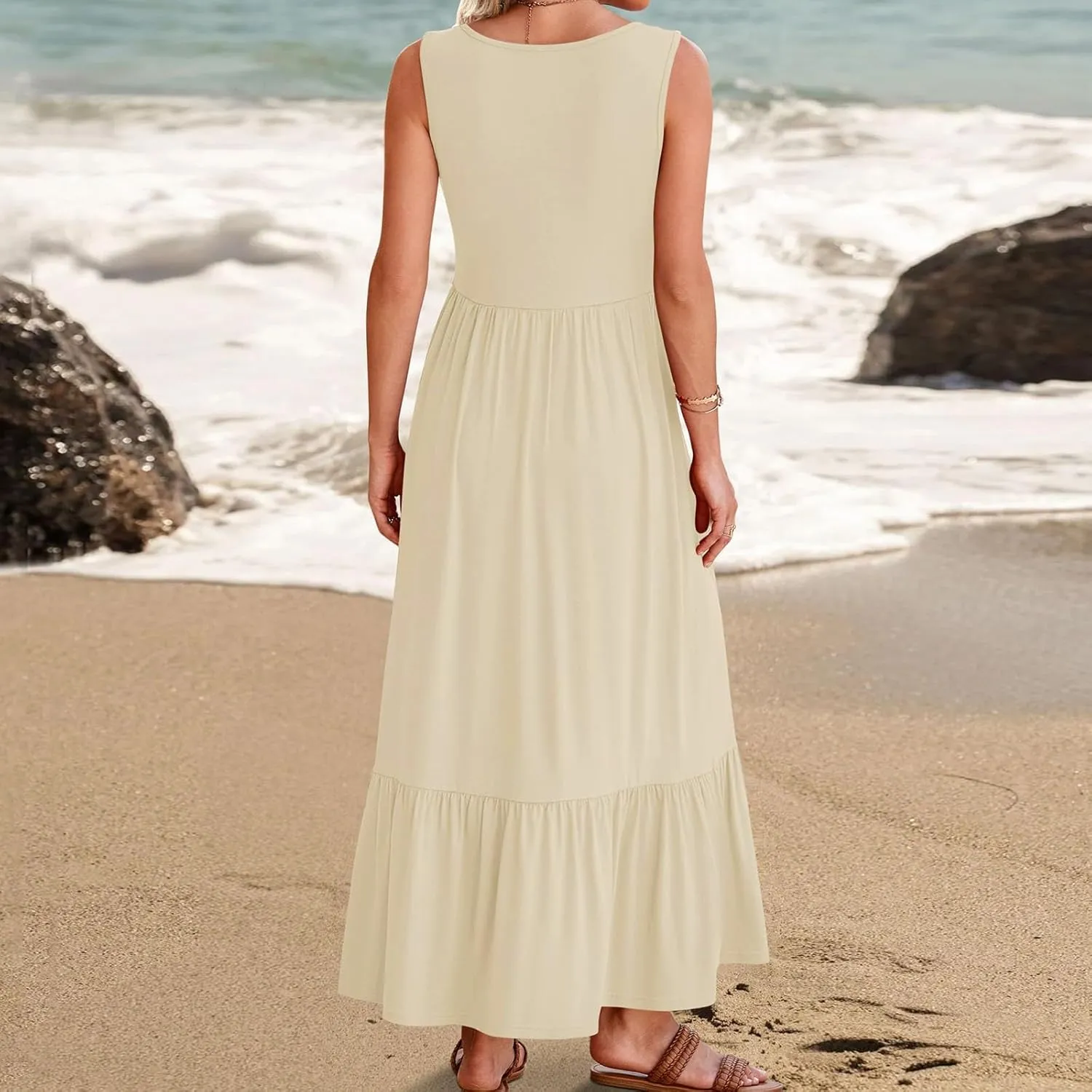 Women's Summer Dresses Sleeveless Casual Boho Maxi Long Dress Square Neck Smocked Floral Beach Vacation Sundresses 4