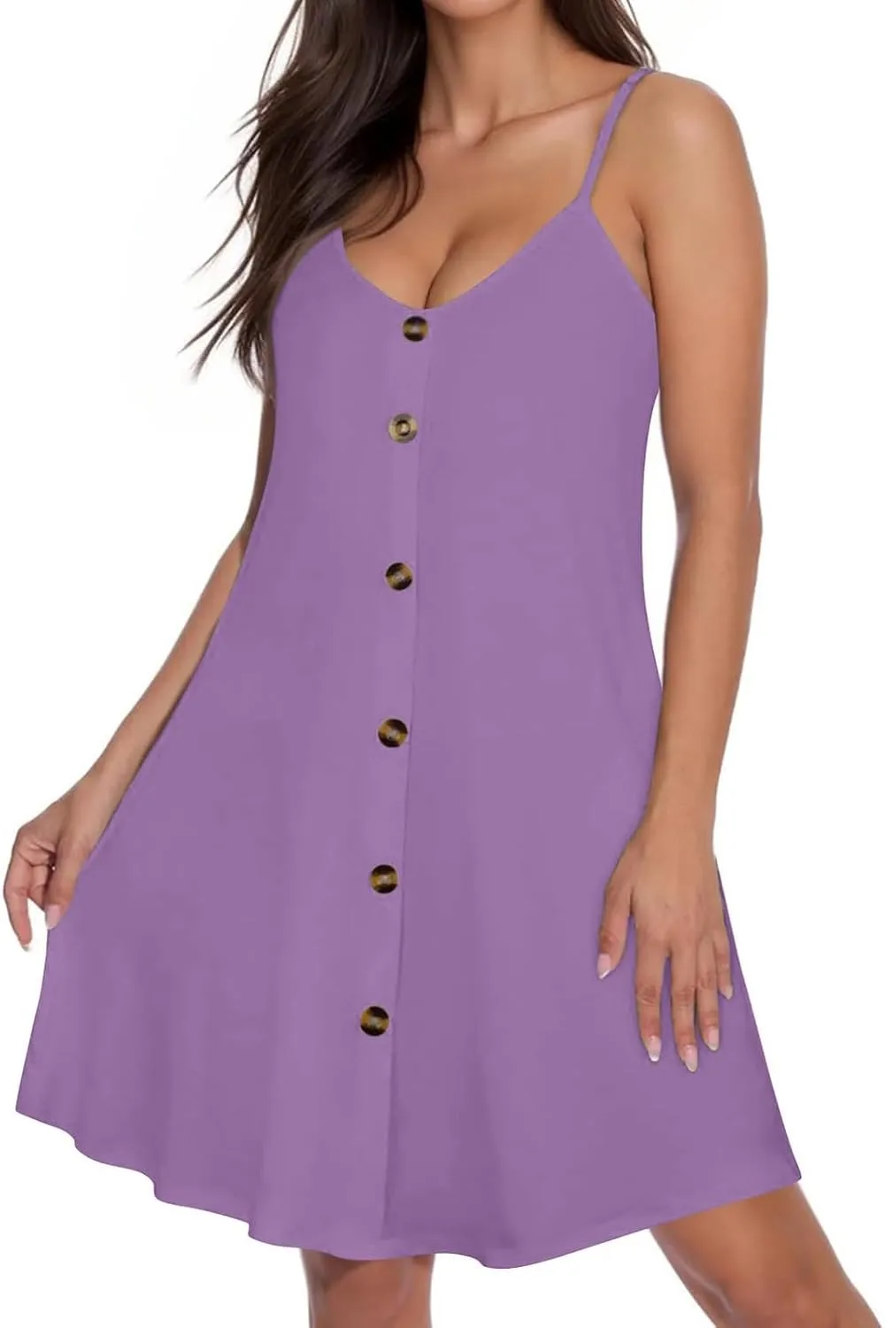 Womens Summer Dresses Spaghetti Strap V Neck Casual Sleeveless Solid Sundress Beach Button Shirts Boho Mini Dress