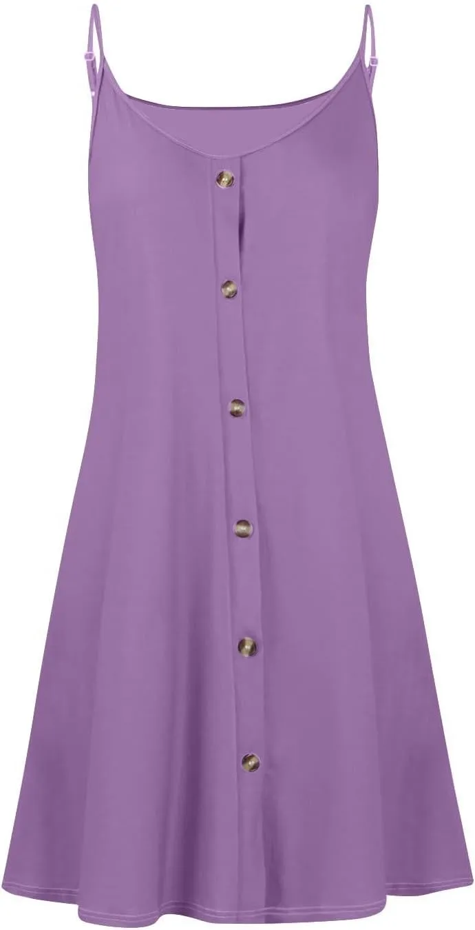 Womens Summer Dresses Spaghetti Strap V Neck Casual Sleeveless Solid Sundress Beach Button Shirts Boho Mini Dress