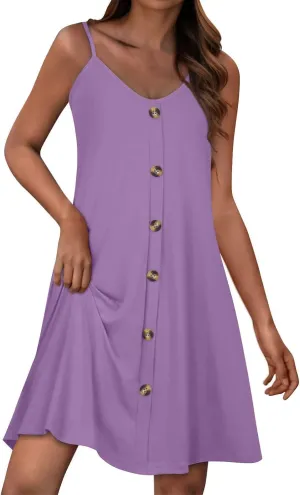 Womens Summer Dresses Spaghetti Strap V Neck Casual Sleeveless Solid Sundress Beach Button Shirts Boho Mini Dress