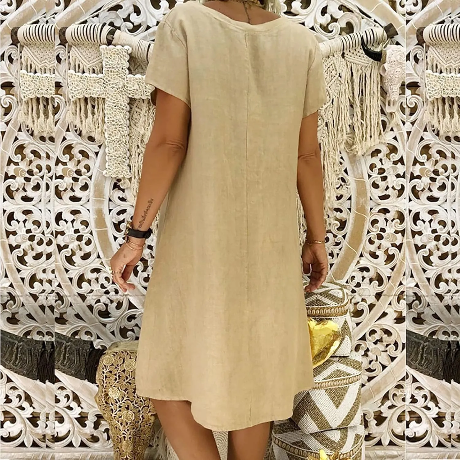 Women's Summer Lightweight Dress V Neck Short Sleeve Shift Midi Dresses Vintage Loose Beach Sundress Tshirts Dress