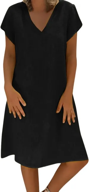 Women's Summer Lightweight Dress V Neck Short Sleeve Shift Midi Dresses Vintage Loose Beach Sundress Tshirts Dress