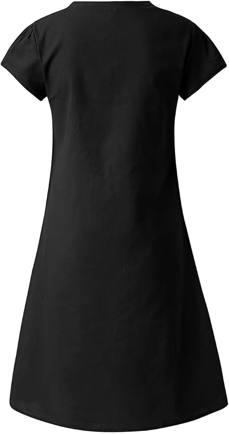 Women's Summer Lightweight Dress V Neck Short Sleeve Shift Midi Dresses Vintage Loose Beach Sundress Tshirts Dress