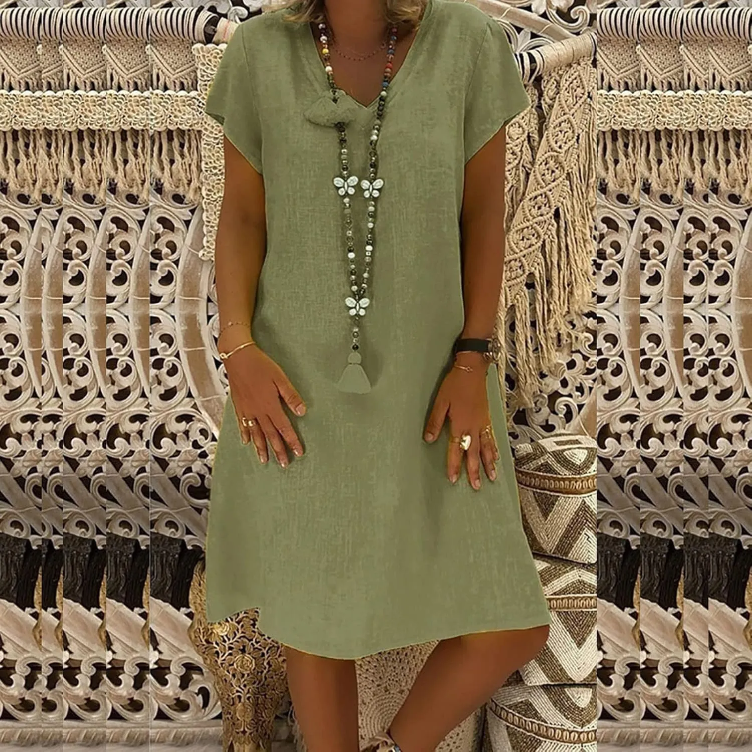 Women's Summer Lightweight Dress V Neck Short Sleeve Shift Midi Dresses Vintage Loose Beach Sundress Tshirts Dress