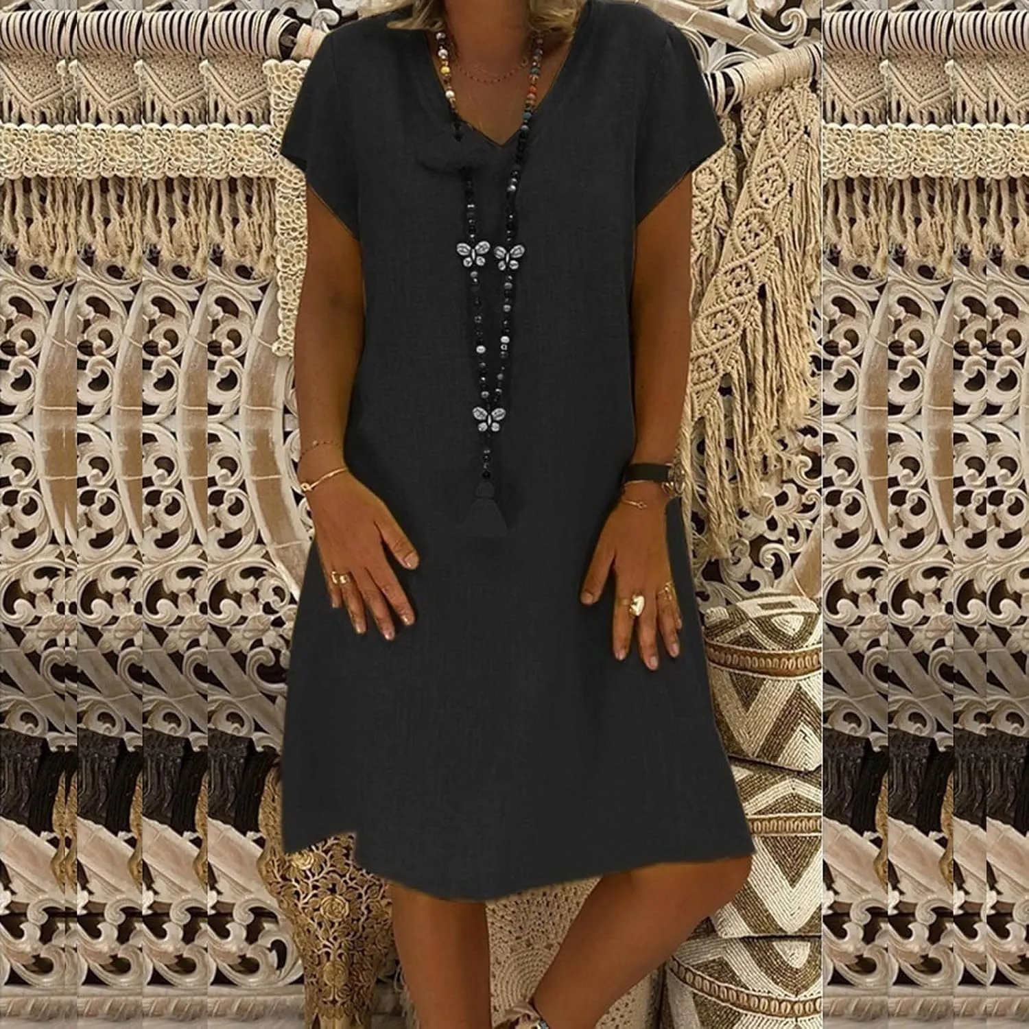 Women's Summer Lightweight Dress V Neck Short Sleeve Shift Midi Dresses Vintage Loose Beach Sundress Tshirts Dress