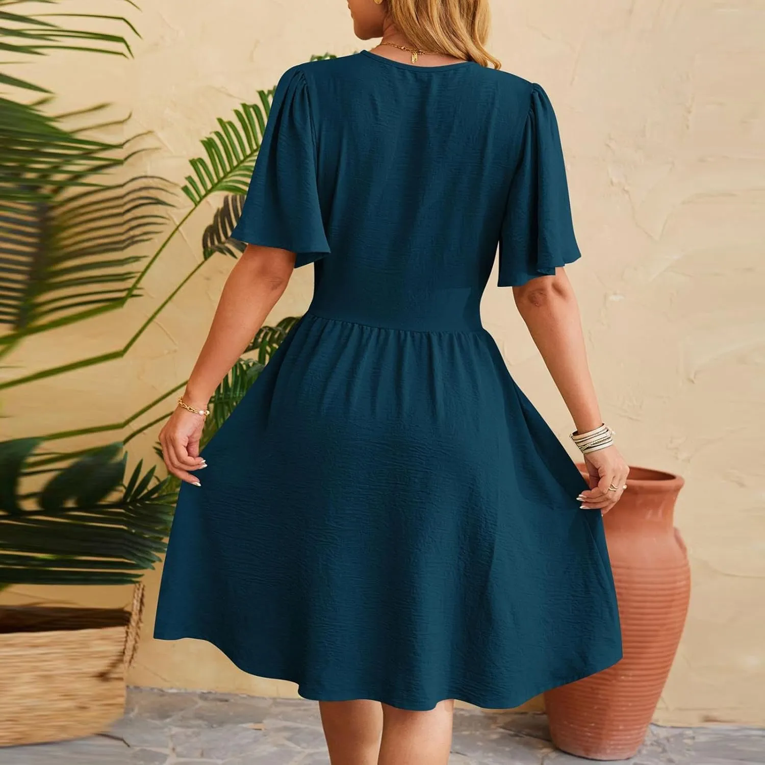 Women's Summer Ruched Wrap Dress Short Flare Sleeve V Neck Dresses Casual Midi Sundresses Lightweight Flowy Dress