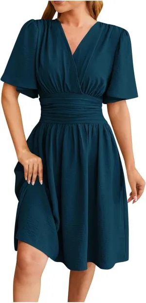 Women's Summer Ruched Wrap Dress Short Flare Sleeve V Neck Dresses Casual Midi Sundresses Lightweight Flowy Dress