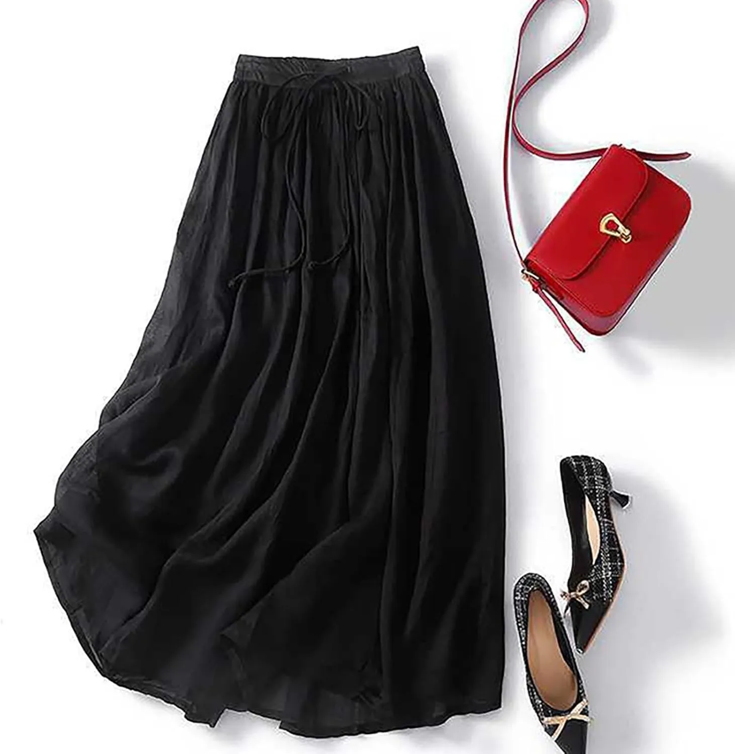 Women's Summer Skirts Elastic Waist Maxi Skirt 2025 Resort Wear Lightweight Pleated Half Dress Trendy Clothes